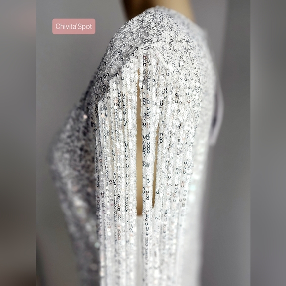 🏷🆕️ Sexy Deep-V Sequin Glitter Tassel Sleeve Party Mini Dress - Silver - L - Picture 8 of 16